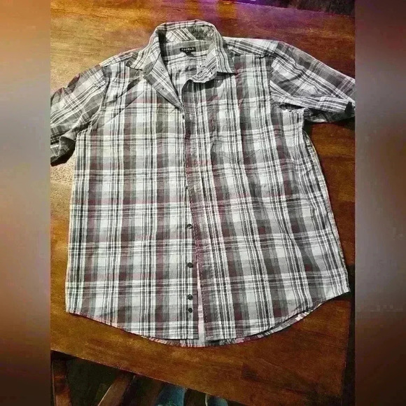 George mens button down short sleeve grey plaid shirt large - Picture 1 of 2